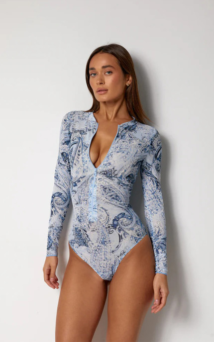 Buy One-piece swimsuit with sleeves, front zipper and stand-up collar. Pitaya Arctic Pasley