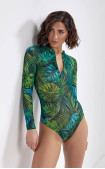 Buy One-piece swimsuit with sleeves, front zipper and stand-up collar. Pitaya Jungle mood