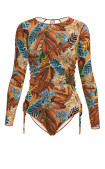 Buy One-piece swimsuit with sleeves, drawstrings on the side seams and a drop-tie on the back. Pitaya Terracotta mood
