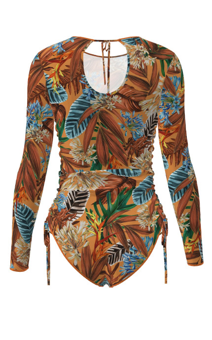 Buy One-piece swimsuit with sleeves, drawstrings on the side seams and a drop-tie on the back. Pitaya Terracotta mood