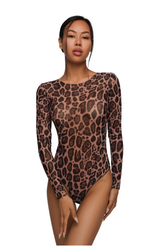 One-piece swimsuit with sleeves with a drop-tie on the back. Alayaswim Leopard