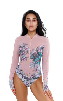 One-piece swimsuit with sleeves, front zipper and stand-up collar Alayaswim Dragon