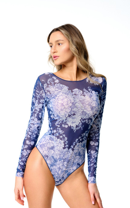Buy One-piece swimsuit with sleeves with a drop-tie on the back. Alayaswim Floral