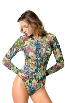 One-piece swimsuit with sleeves, front zipper and stand-up collar. Alayaswim Botany